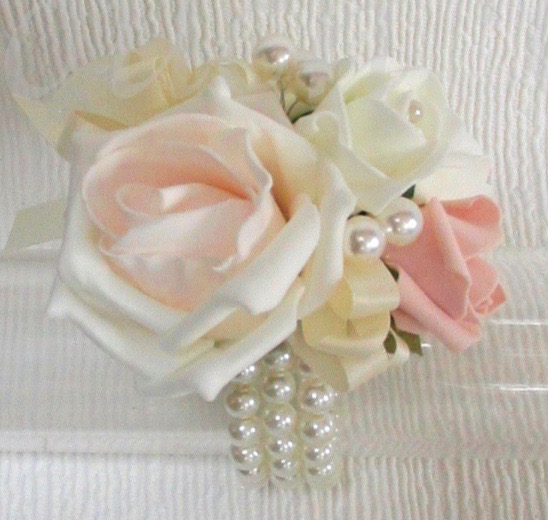blush peach, peach & ivory wrist corsage